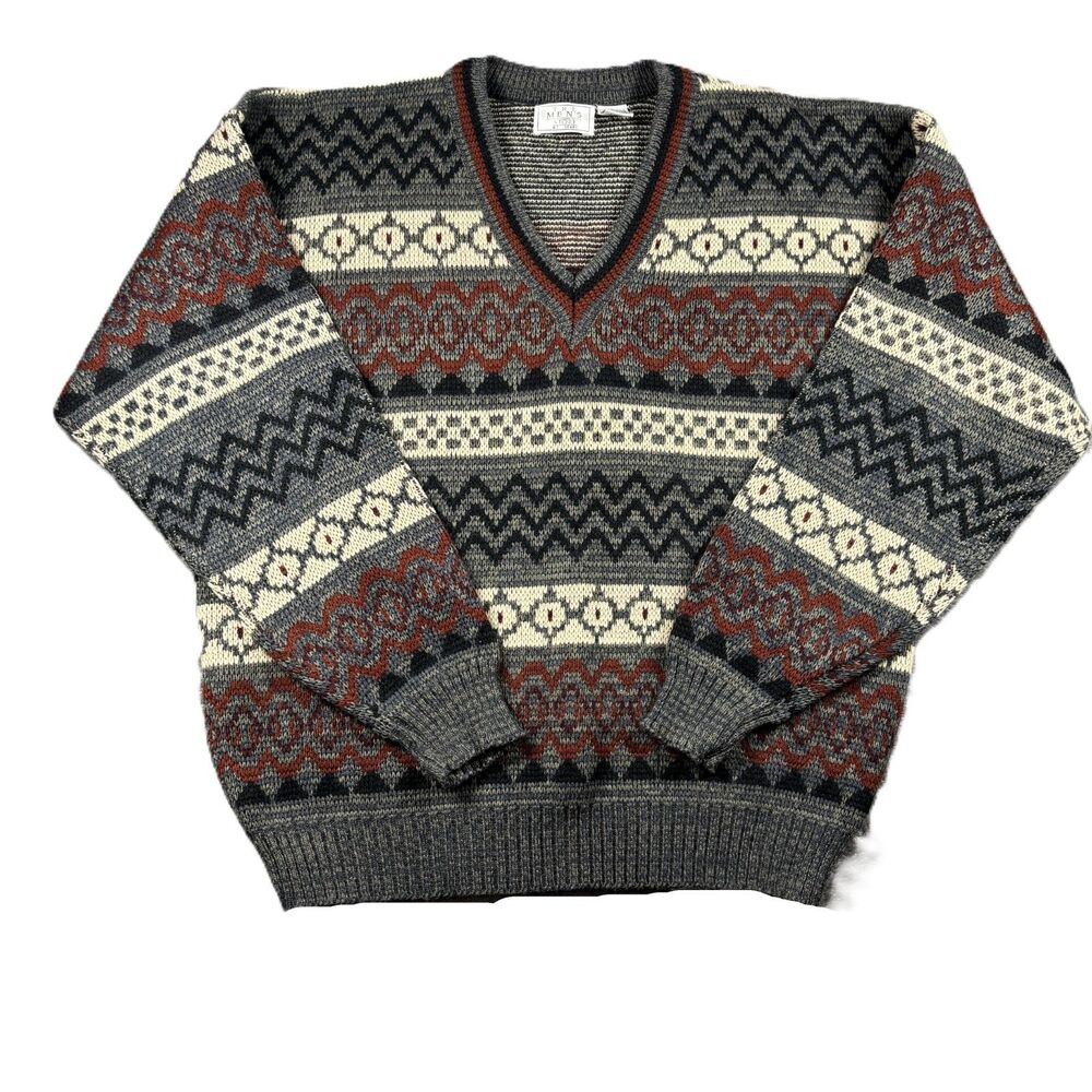 Sears Men's Store Sweater Vintage 90s V-Neck Grandpa Preppy Stripe Large M118